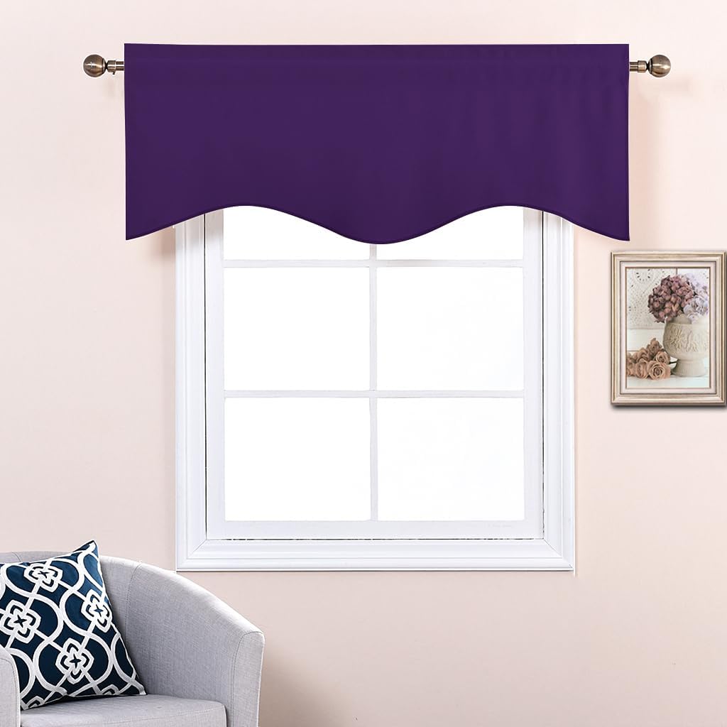 Deep purple scalloped window valance hanging on a bronze rod above a white window frame.