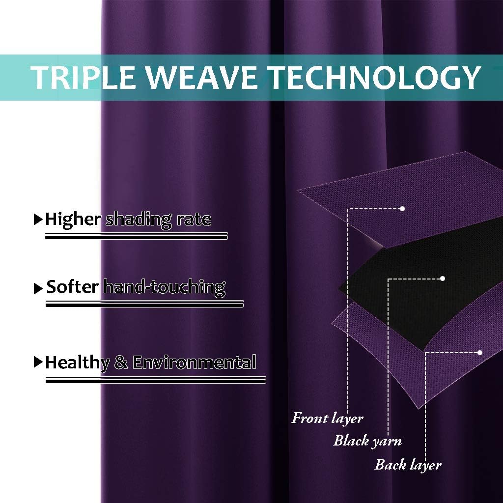 Deep purple blackout curtain showcasing triple weave fabric layers with black yarn for shading.