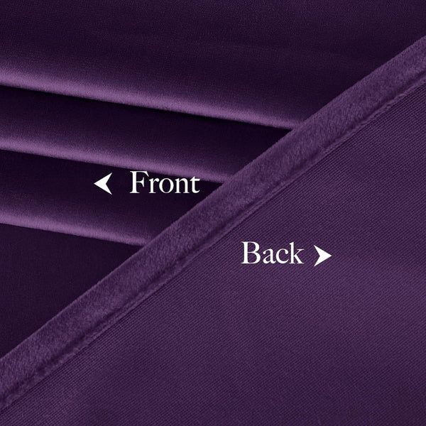 Close-up of deep purple velvet curtain fabric, highlighting plush front and woven blackout back texture.