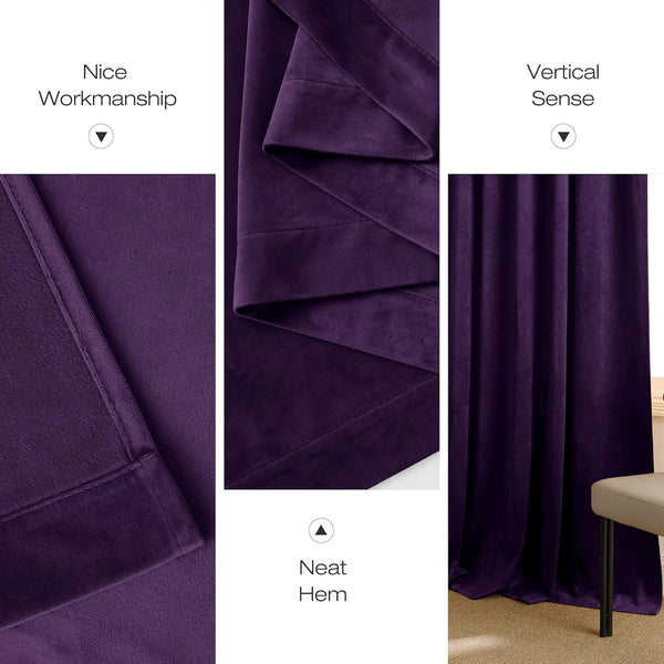 Close-up of deep purple velvet blackout curtains showing plush fabric, neat hem, and luxurious drape.