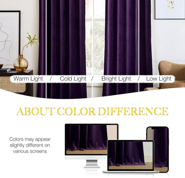 Rich deep purple velvet curtains displayed under warm, cold, bright, and low light.