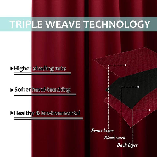 Deep red blackout curtain panel demonstrating triple weave technology with visible fabric layers.