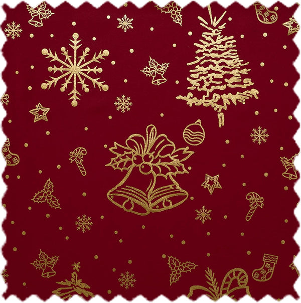 Deep red fabric swatch with shimmering gold Christmas patterns like snowflakes, tree, bells, and holly.