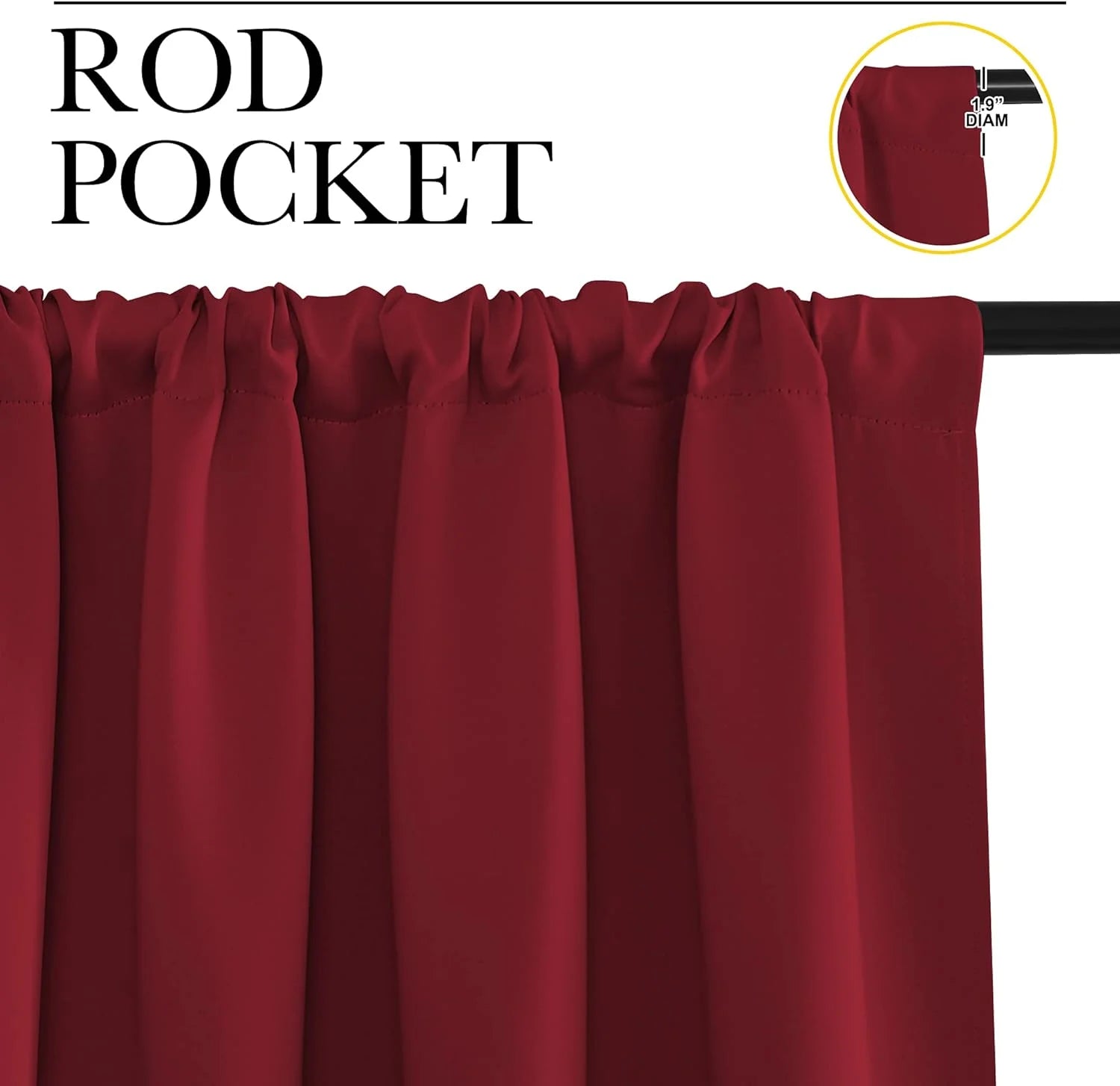 Close-up of deep red rod pocket curtain header, showing 1.9 inch rod fit