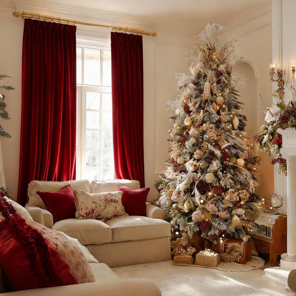 Deep red velvet pinch pleat curtains on a decorative gold rod in an elegant Christmas living room.