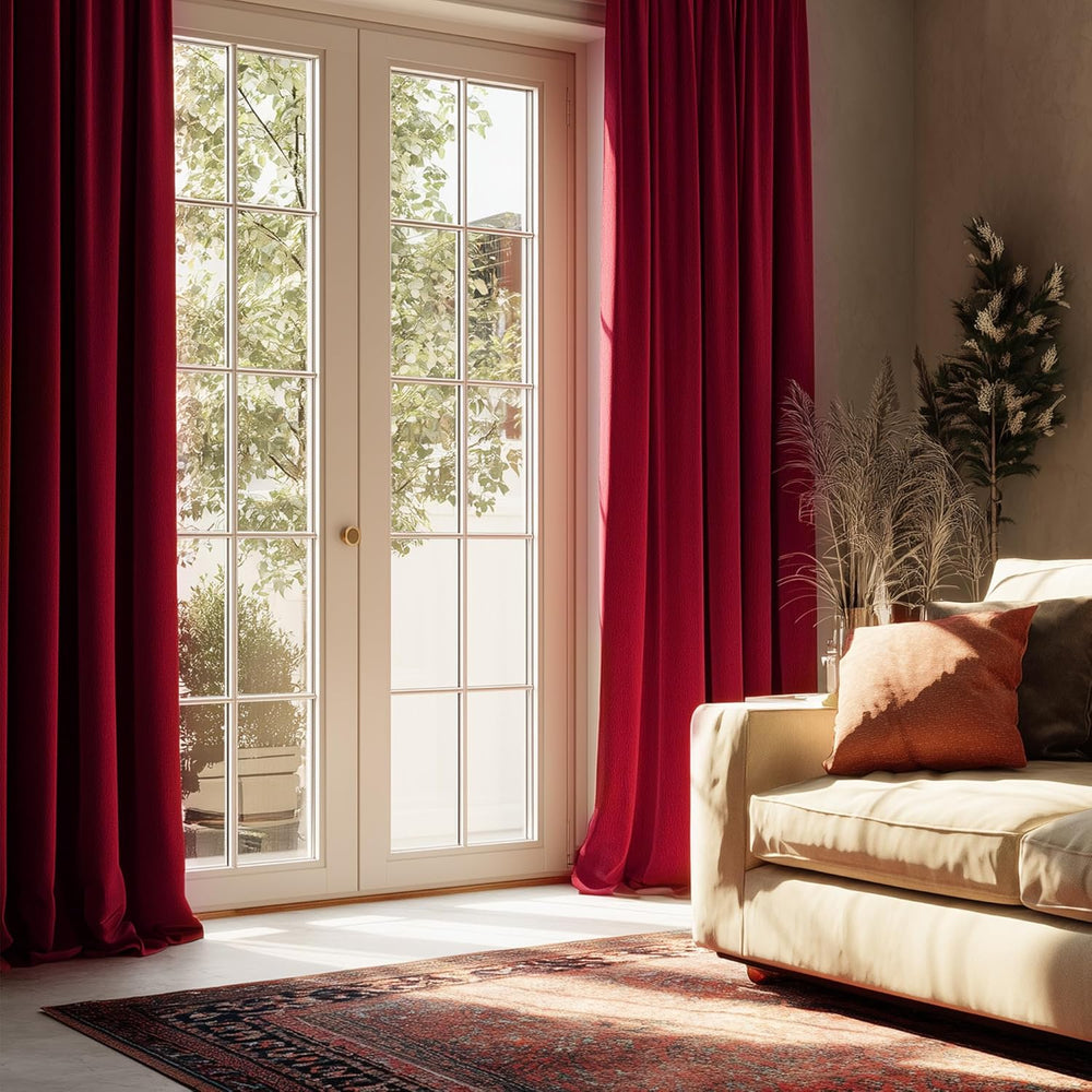 A pair of rich burgundy velvet grommet drapes hanging on a gold rod over a window in a bright room.