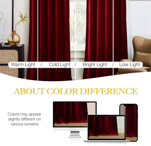 Deep red velvet curtains hanging gracefully by a window, highlighting their luxurious texture.
