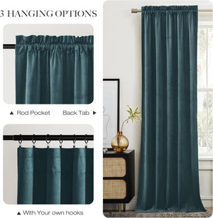 Deep teal velvet curtain panel with rod pocket, back tab, and hook hanging. Drapes by a window.