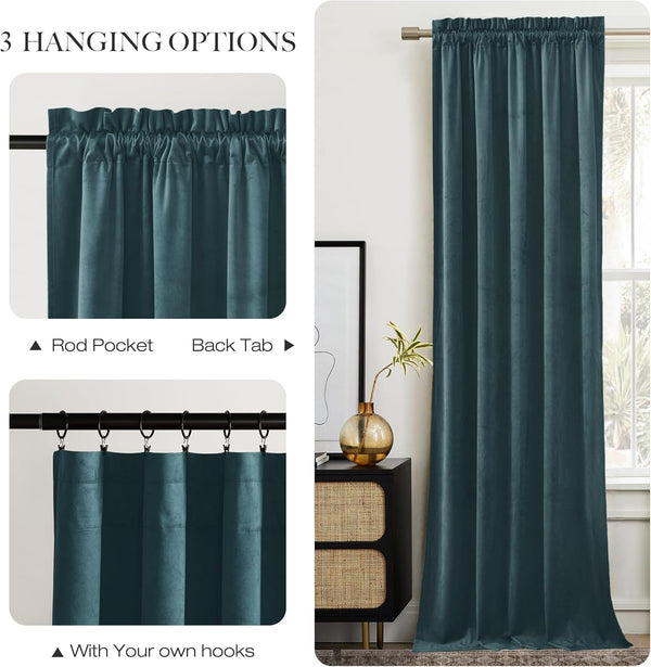 Deep teal velvet curtain panel with rod pocket, back tab, and hook hanging. Drapes by a window.