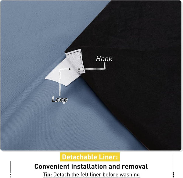 Close-up of white hook-and-loop fastener securing black felt liner to blue fabric for easy detachment.