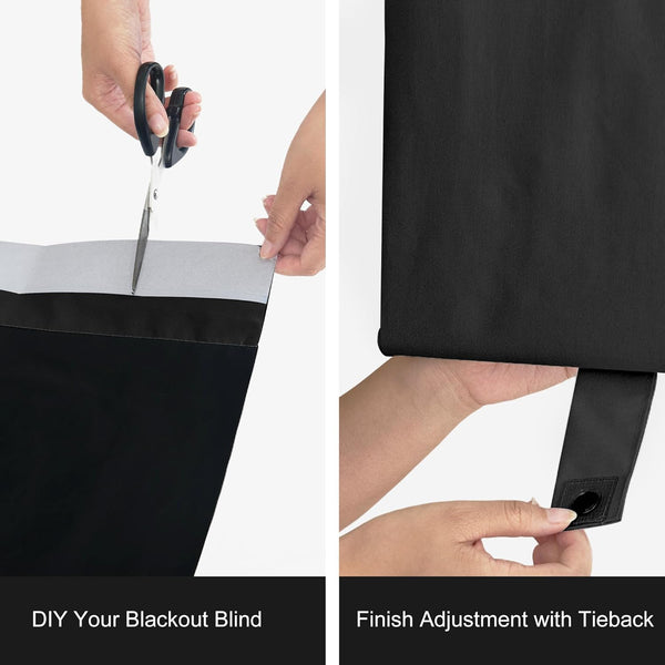 Hands cutting black DIY blackout fabric with silver strip. Other hands adjust black curtain with snap-button tieback.