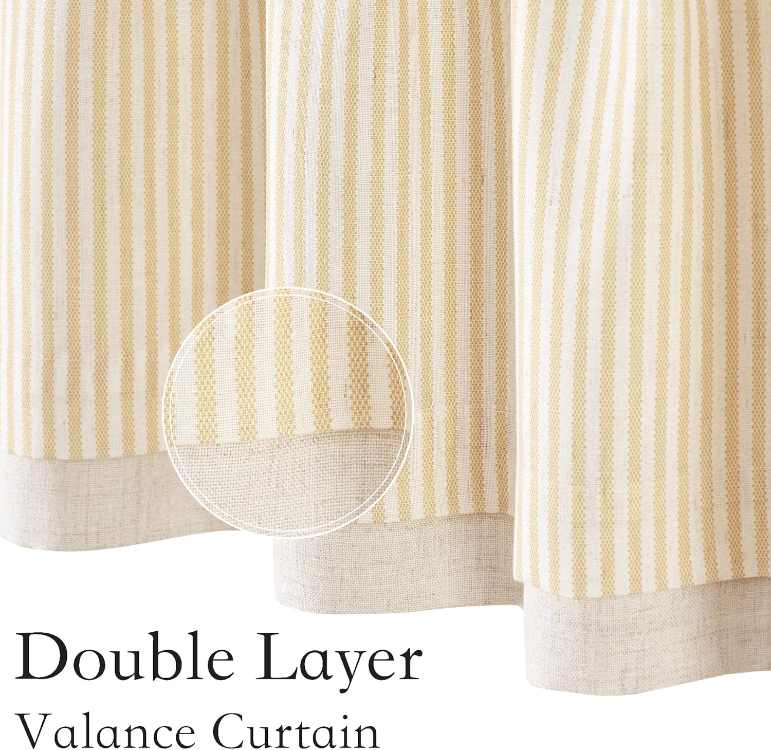 Double layer valance curtain with yellow and cream stripes and a natural linen border.