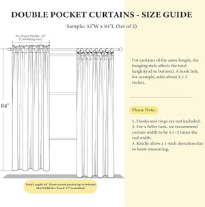 Line art diagram showing double pocket curtain size guide with 52W x 84L dimensions and hanging options.