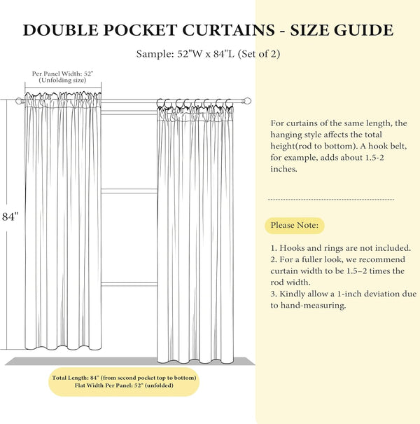 Line art diagram showing double pocket curtain size guide with 52W x 84L dimensions and hanging options.