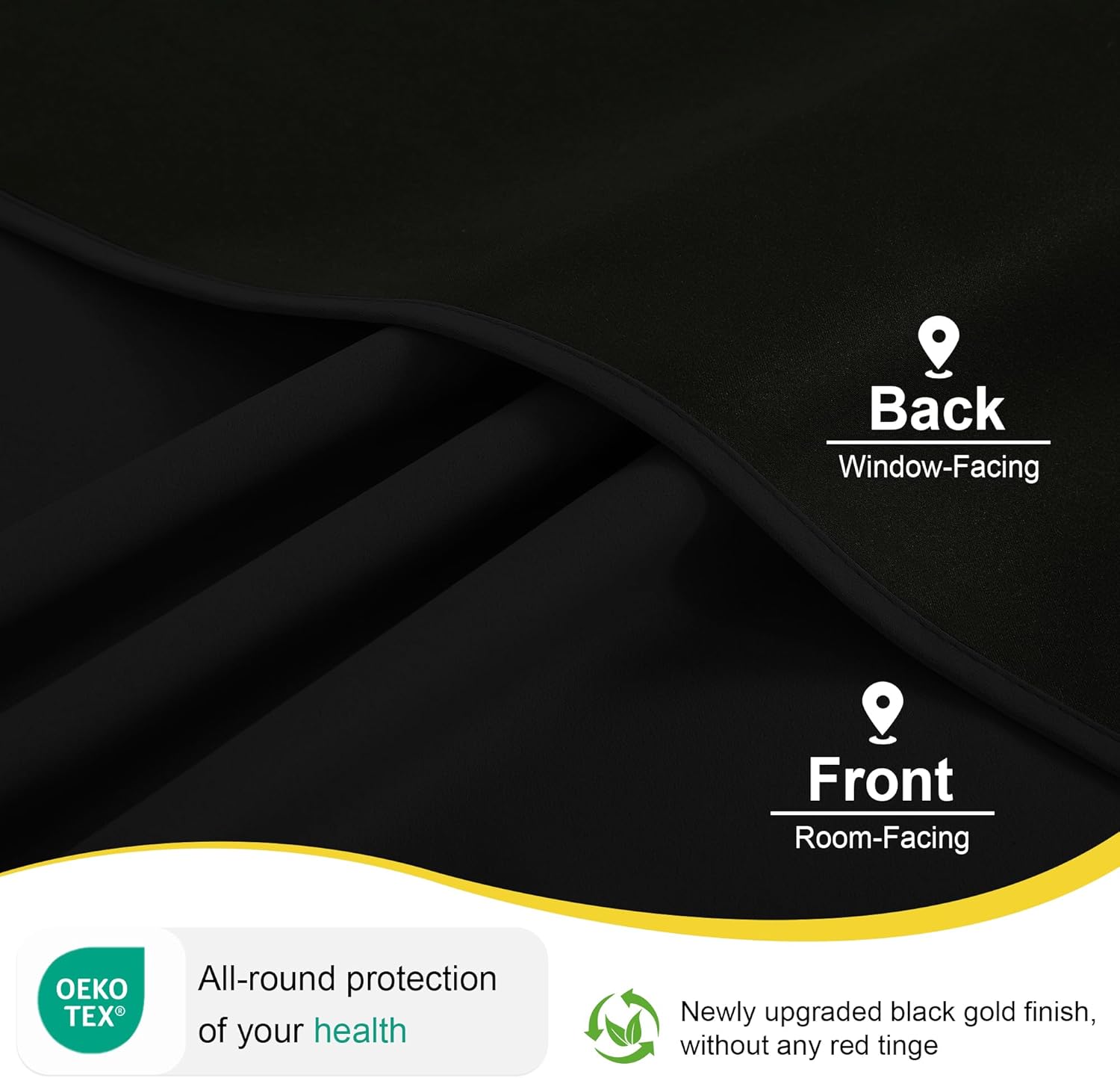 Dual-sided black blackout curtain fabric with deep black gold finish, OEKO-TEX certified.