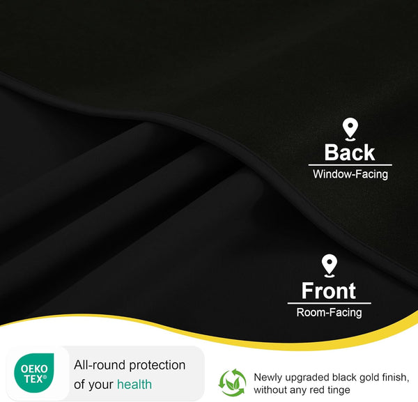 Dual-sided black blackout curtain fabric with deep black gold finish, OEKO-TEX certified.