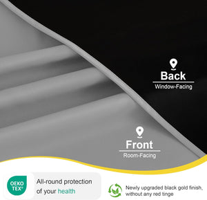 Close-up of dual-sided blackout curtain fabric. Smooth light grey room-facing side and black window-facing side. OEKO-TEX certified.