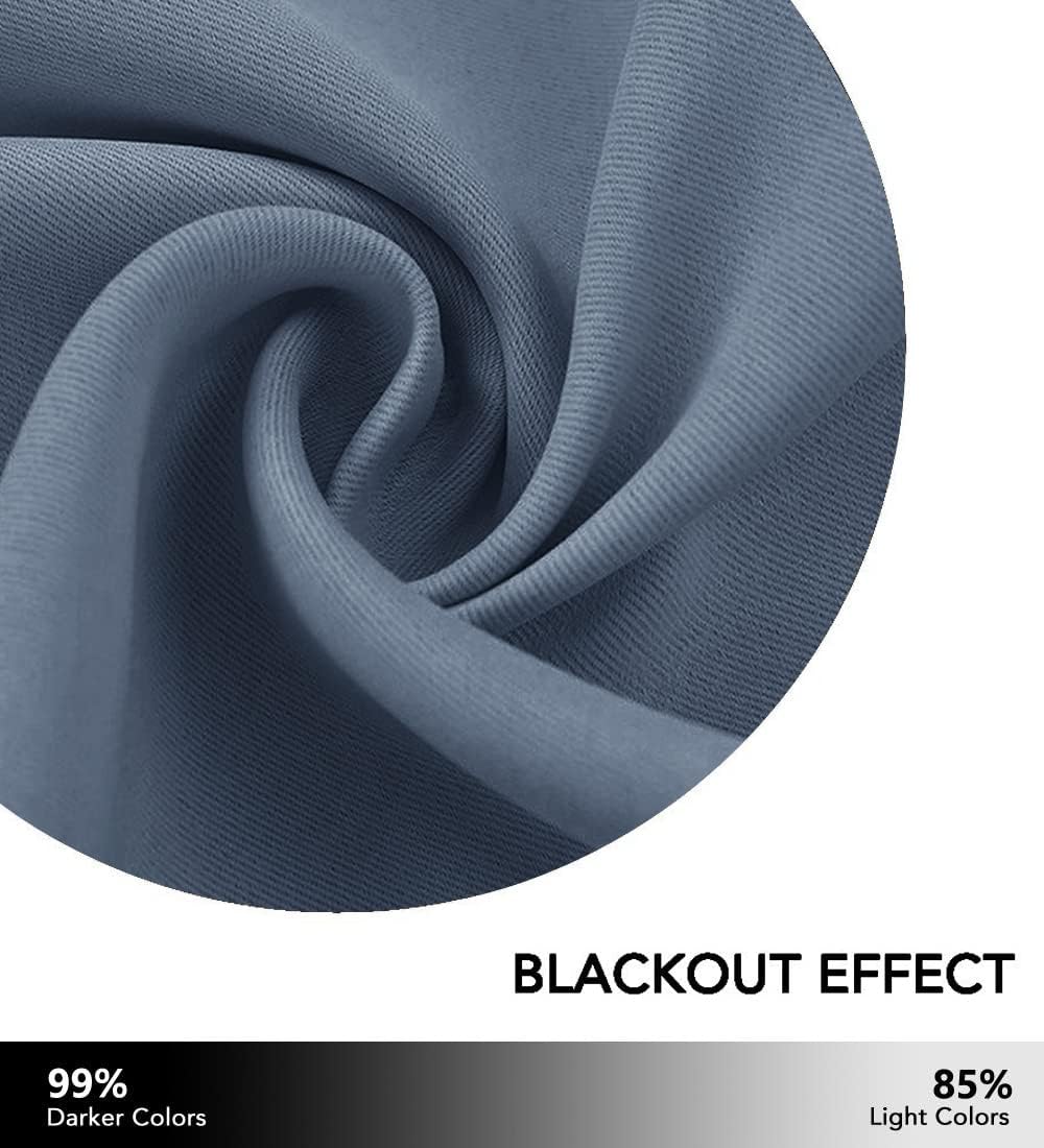 Close-up of a dusty blue blackout curtain fabric with a tight woven texture and soft folds.