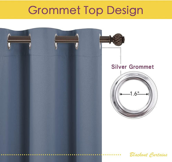 Dusty blue blackout curtain panel featuring a silver grommet top design, 1.6-inch diameter.