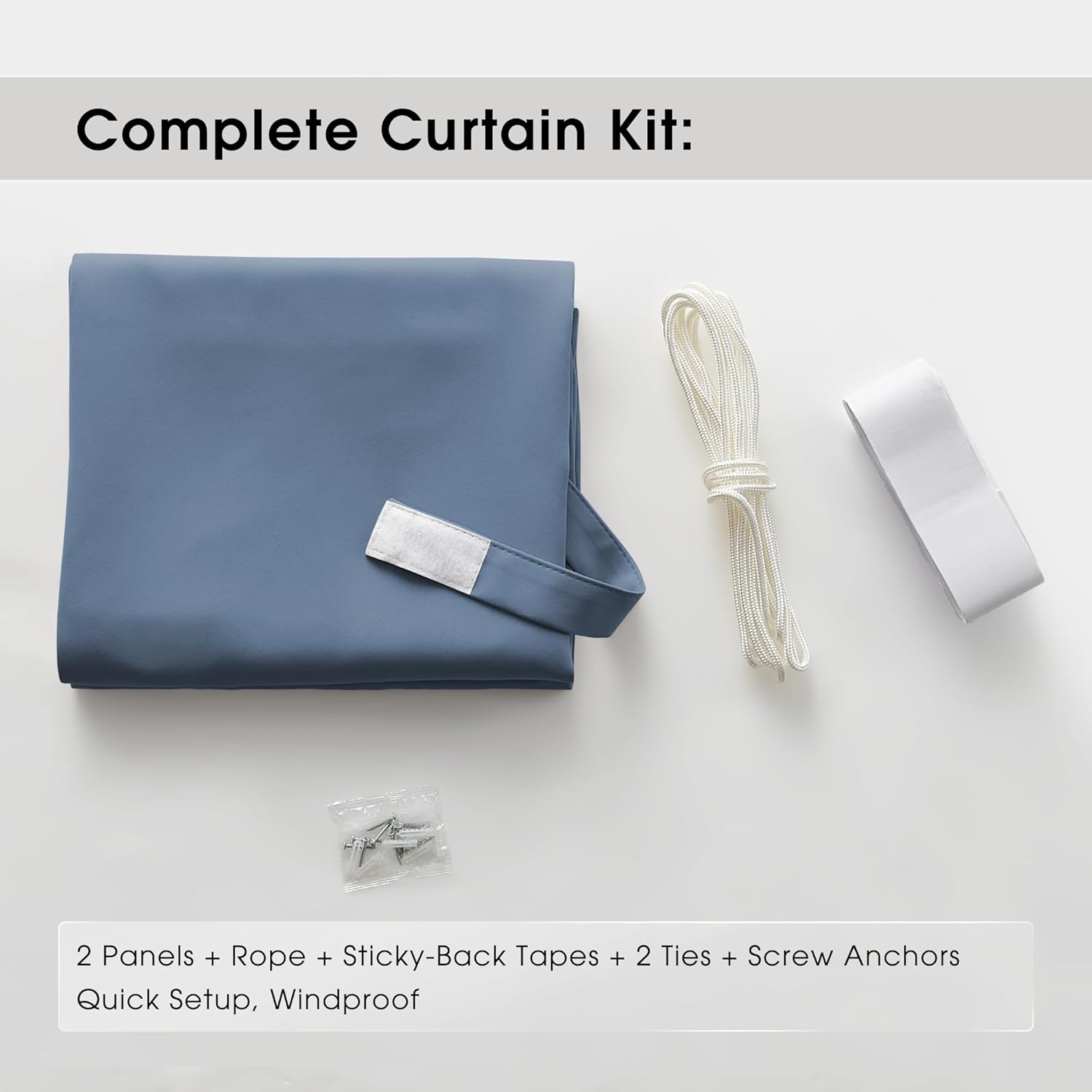 Dusty blue quick setup windproof curtain kit including panels, rope, tape, and anchors.