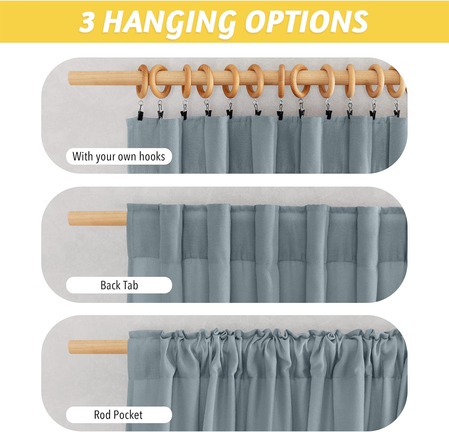 Dusty blue textured curtain demonstrating three hanging styles: clip rings, back tab, and rod pocket.