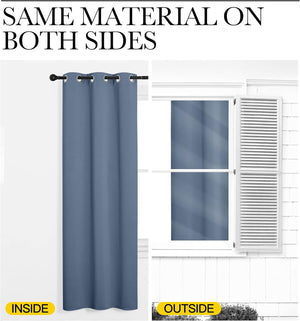 Dusty blue grommet curtain panel, demonstrating same smooth fabric visible from both inside and outside window views.