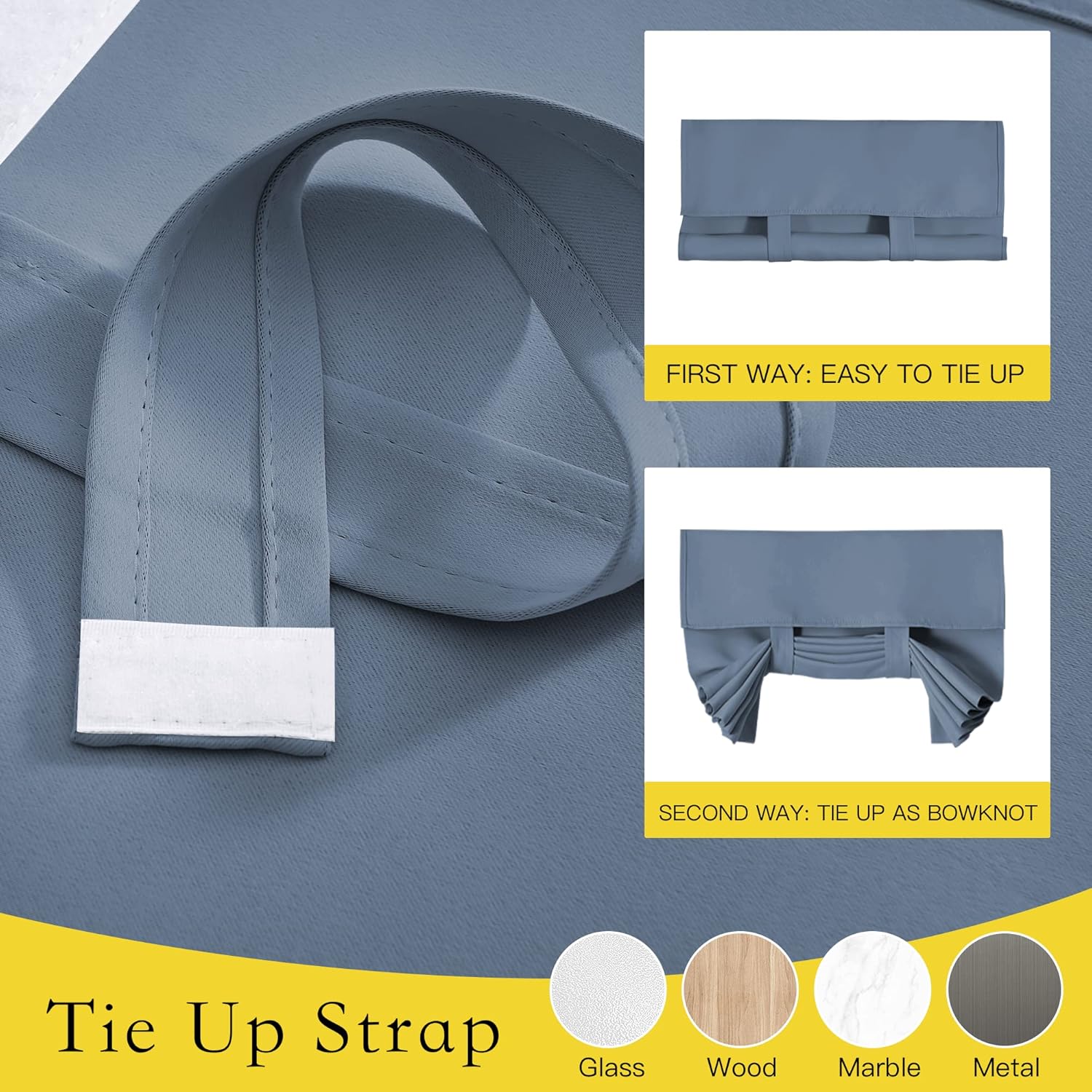 Dusty blue fabric tie-up strap with white velcro closure, demonstrated securing window shades in two styles.