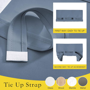 Dusty blue fabric tie-up strap with white velcro closure, demonstrated securing window shades in two styles.