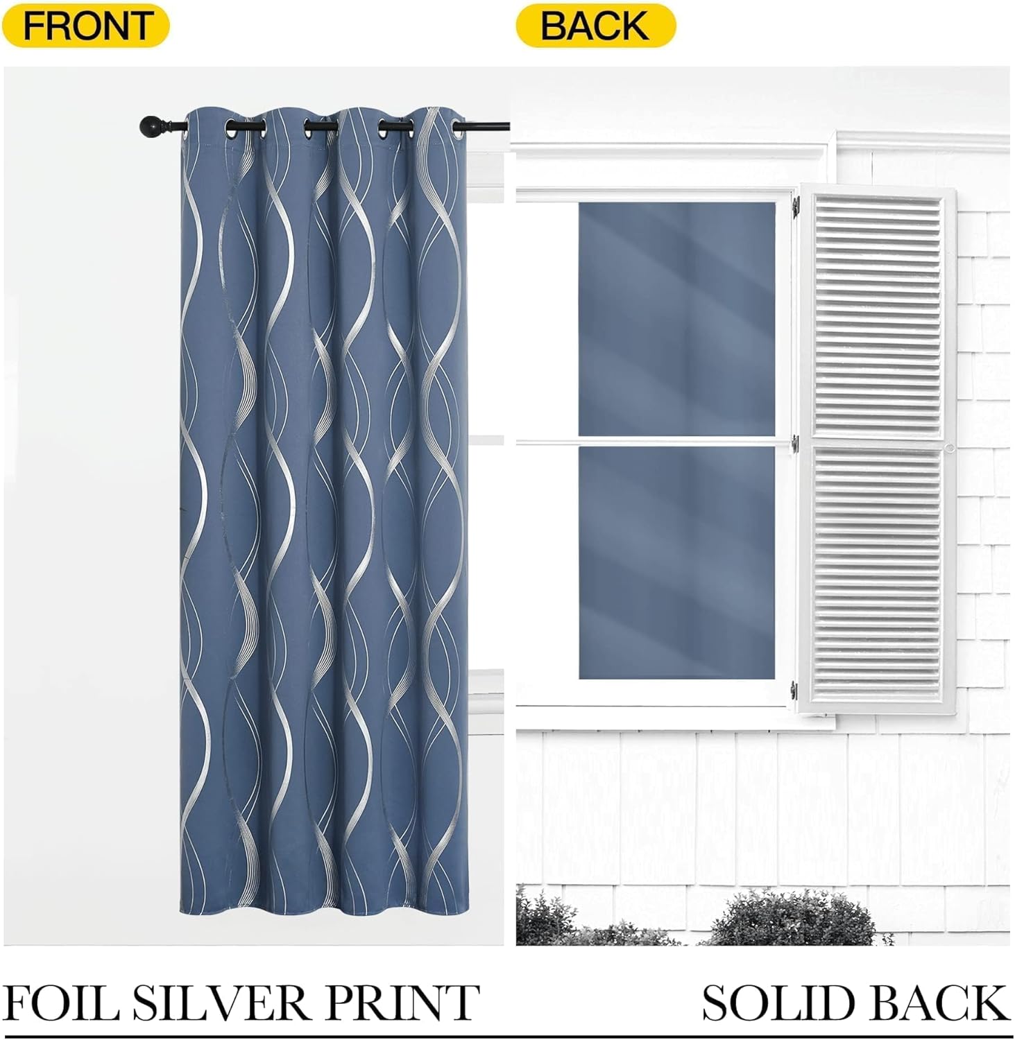 Dusty blue grommet blackout curtain with shimmering silver foil wavy print, shown front and solid back.