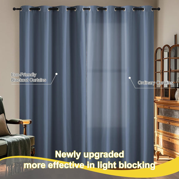 Dusty blue blackout curtains with grommet top, demonstrating effective light blocking in a home setting.