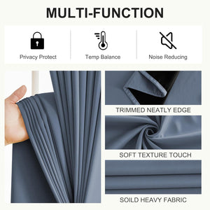 Dusty blue heavy thermal blackout curtains with soft texture and neatly trimmed edges.
