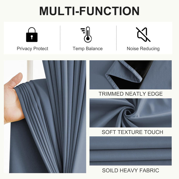 Dusty blue heavy thermal blackout curtains with soft texture and neatly trimmed edges.