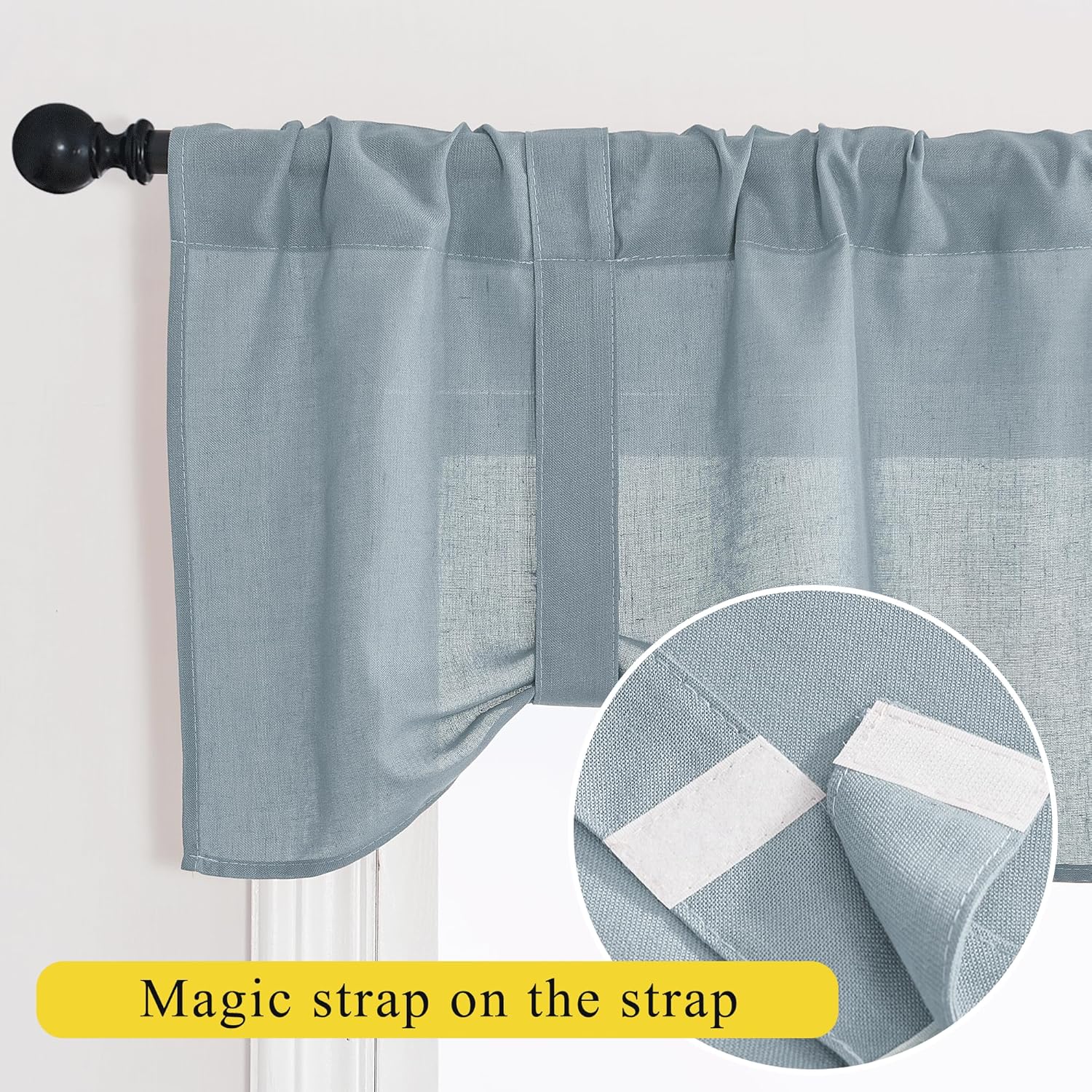 Textured dusty blue tie-up valance with a rod pocket top, featuring hook-and-loop straps for adjustable height.