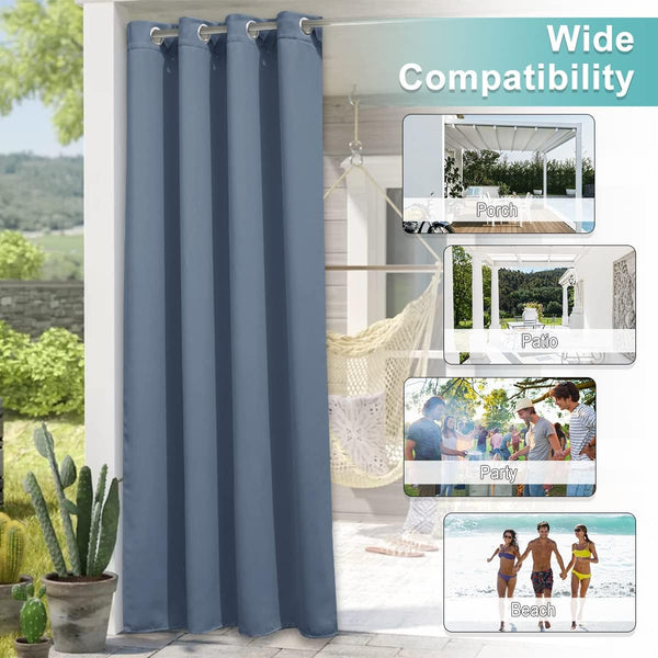 Dusty blue outdoor blackout curtain with silver grommets hangs on a sunny patio next to potted cacti.