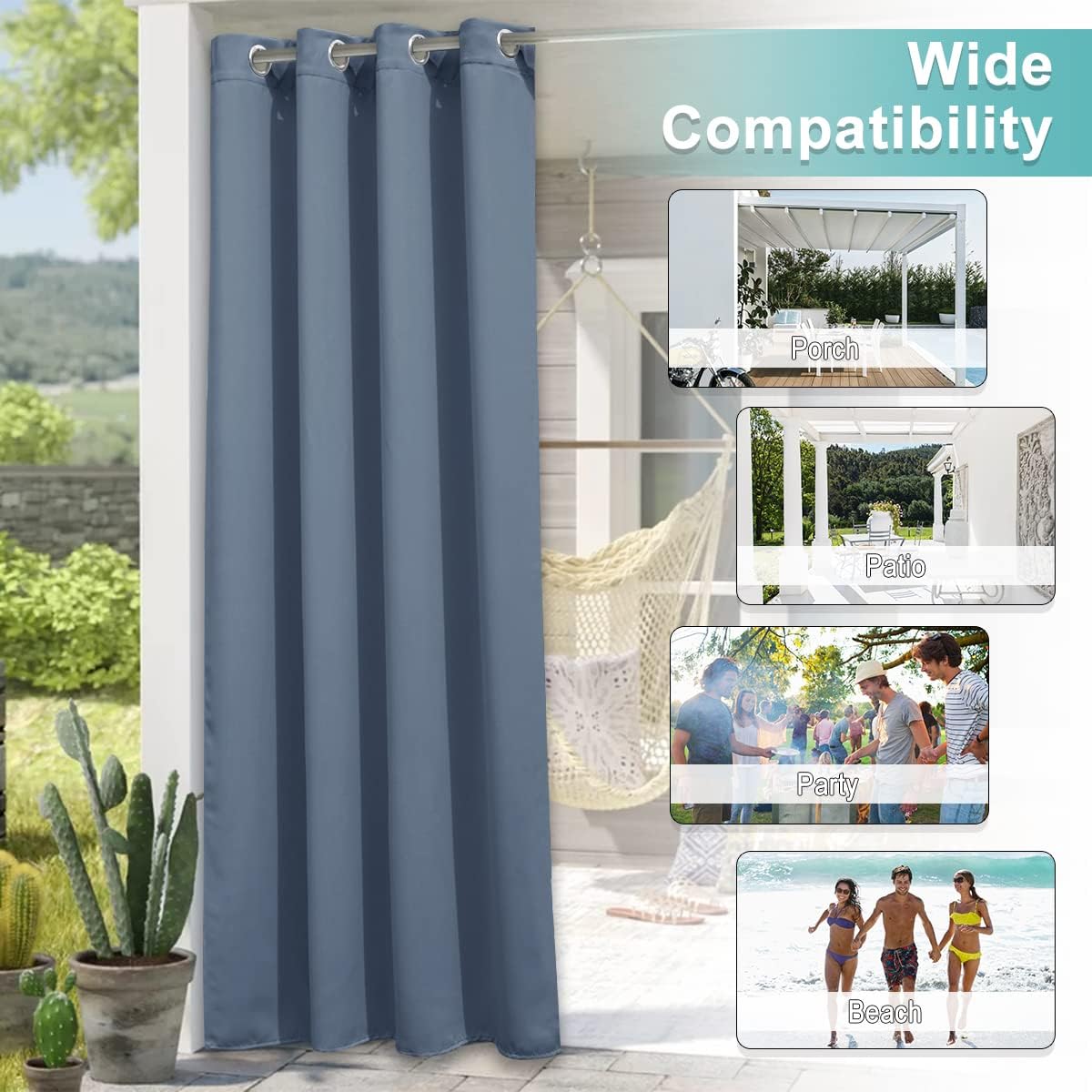 Dusty blue outdoor blackout curtain with silver grommets hangs on a sunny patio next to potted cacti.