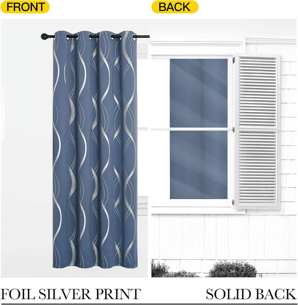 Dusty blue grommet top curtain panel with shiny silver foil wavy print. The reverse side shows a solid blue blackout fabric.