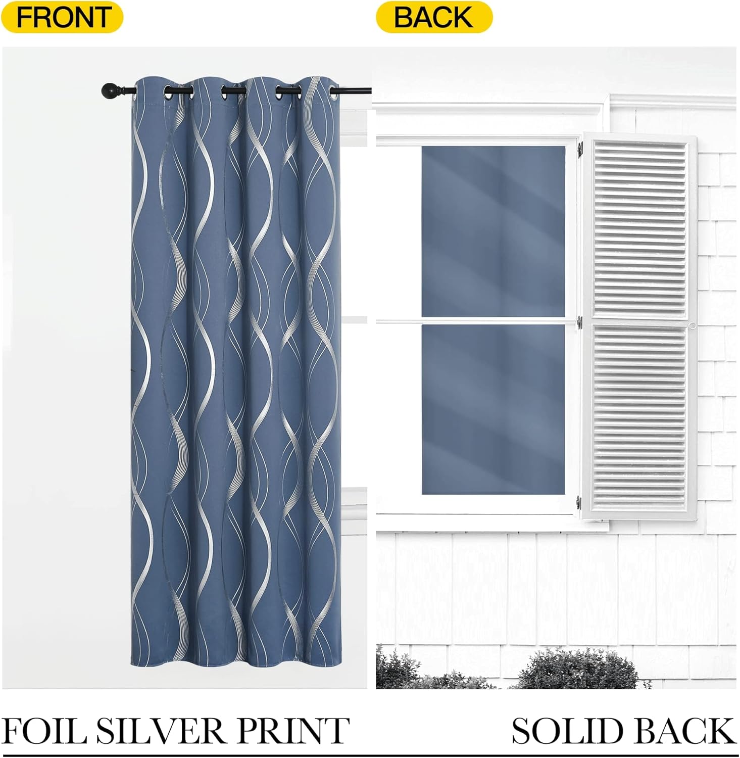Dusty blue grommet curtain with shimmering silver foil wavy print, showing front pattern and solid back.