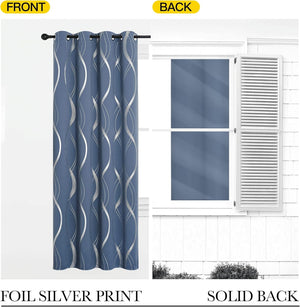 Dusty blue grommet curtain with shimmering silver foil wavy print, showing front pattern and solid back.