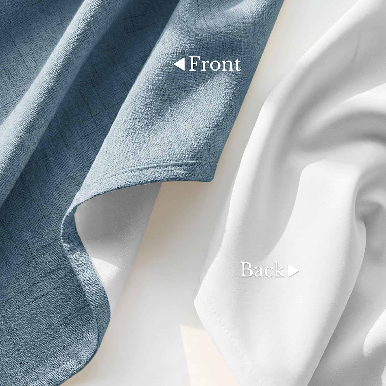 Close-up of dusty blue textured curtain fabric revealing woven front and smooth white blackout lining.