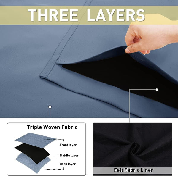 Hand pulling open dusty blue triple woven curtain fabric, revealing black felt liner for blackout functionality.