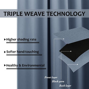 Textile sample of a dusty blue blackout curtain, demonstrating its triple weave construction with a black yarn layer.