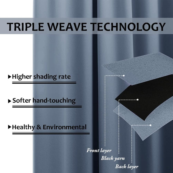 Textile sample of a dusty blue blackout curtain, demonstrating its triple weave construction with a black yarn layer.