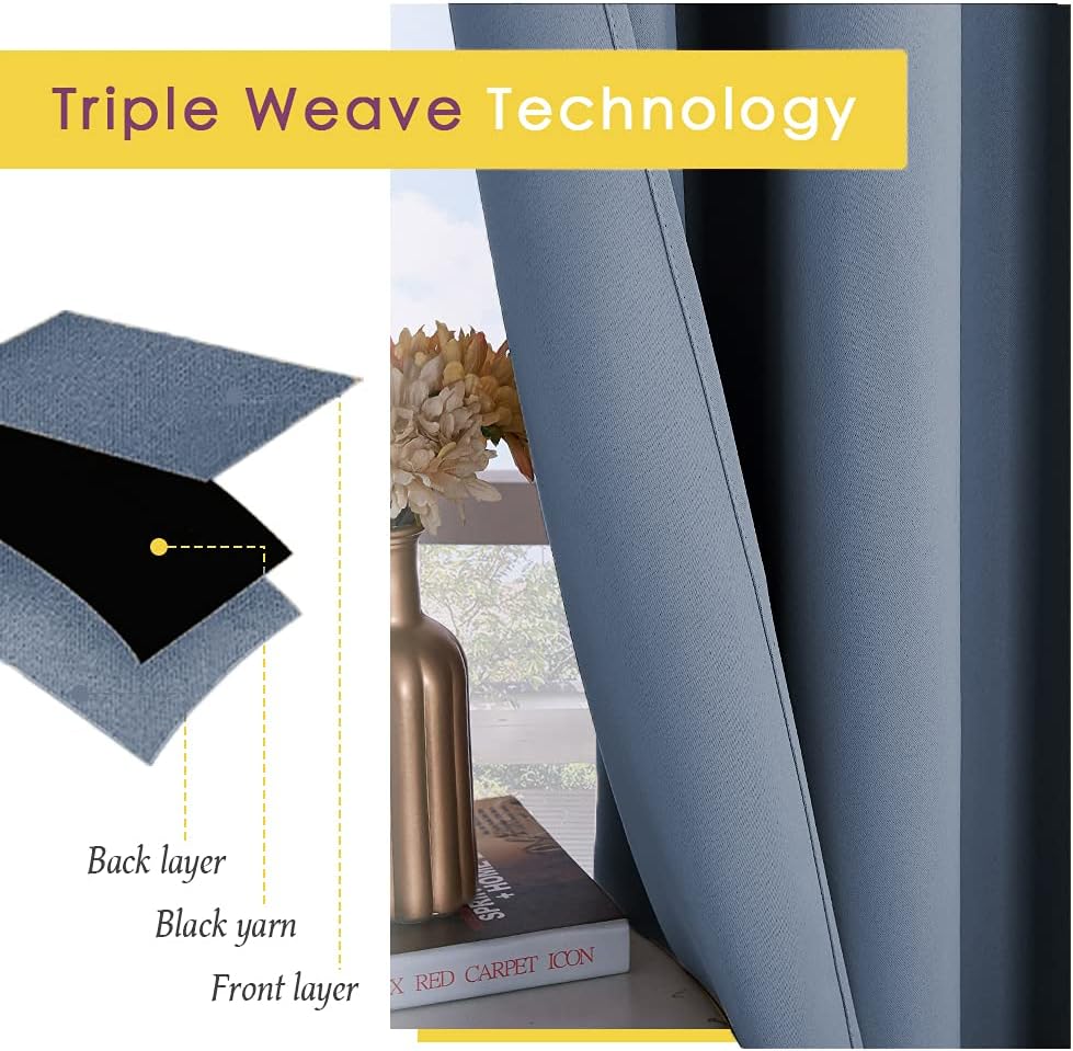 Dusty blue triple weave blackout curtains, showing textured fabric and light-blocking layers.