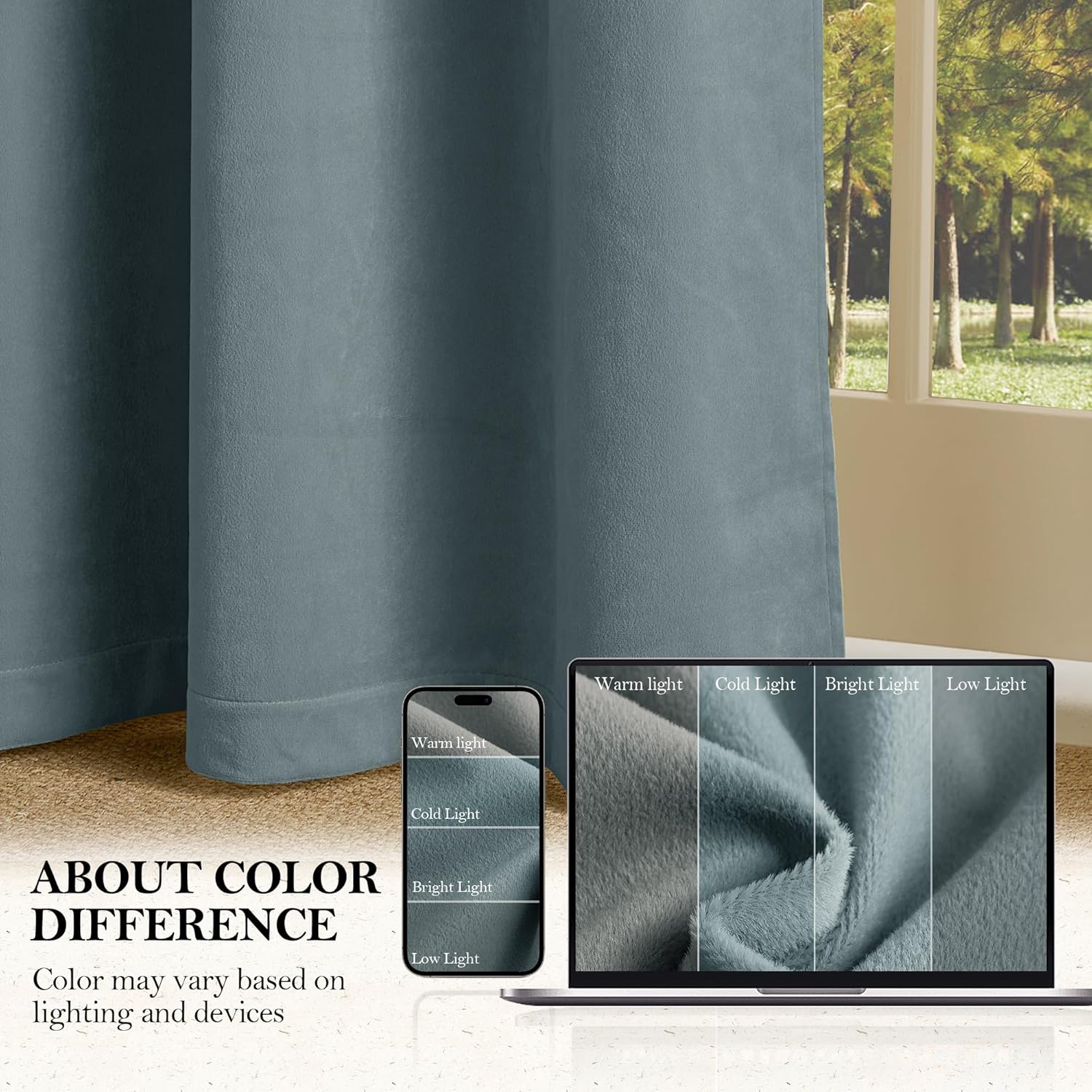 Dusty blue velvet blackout curtain with a soft, plush texture, elegantly draped in front of a window.