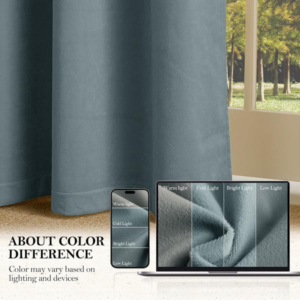 Dusty blue velvet blackout curtain with a soft, plush texture, elegantly draped in front of a window.