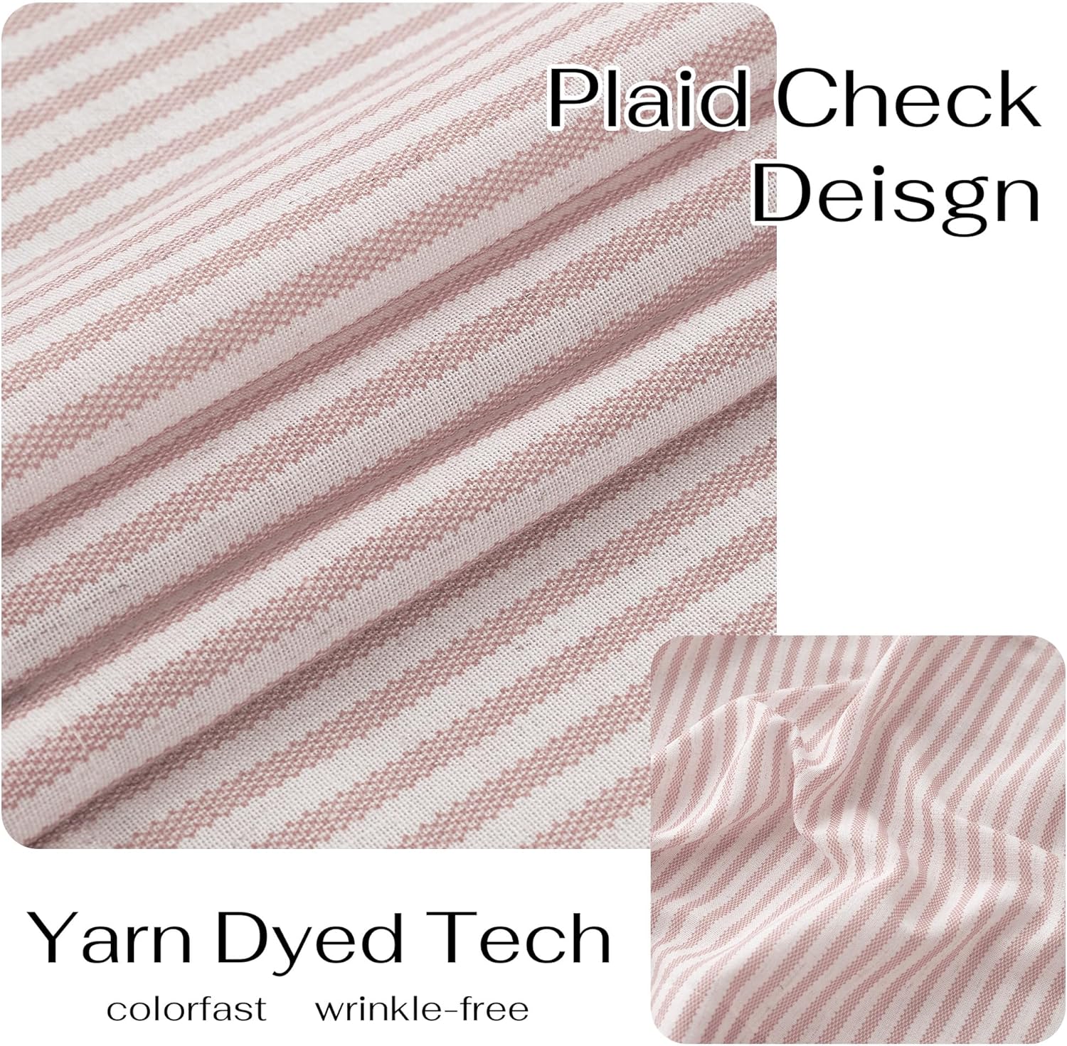 Close-up of a dusty pink and white striped fabric swatch, highlighting its textured yarn-dyed weave.