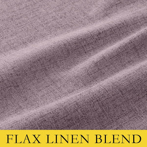 Close-up of a dusty purple flax linen blend fabric with a visible woven texture and soft, natural folds.