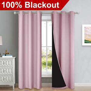 Dusty rose blackout curtains with silver grommet top. One panel open shows black thermal lining.
