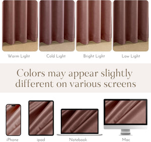 Dusty rose curtain fabric color comparison under four different lighting types and on screens.