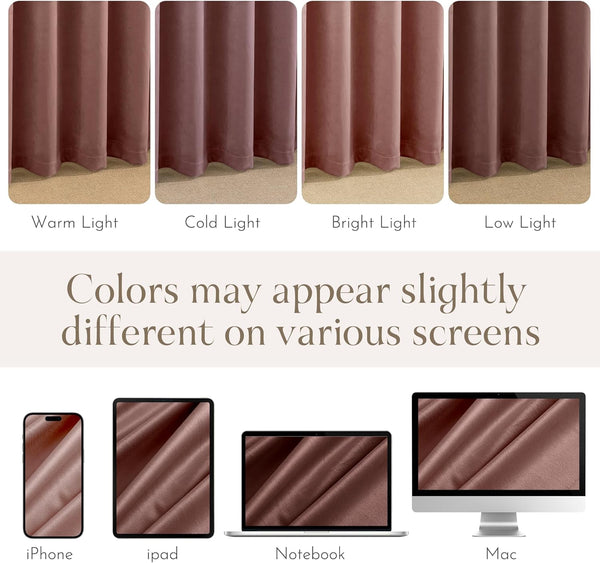 Dusty rose curtain fabric color comparison under four different lighting types and on screens.